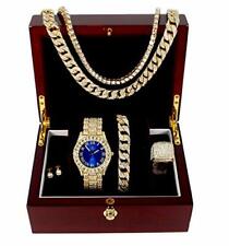 Mens Royal Blue Dial, Cuban Chain Bracelet,Necklace,Chain & Ring - ST10327CRNT