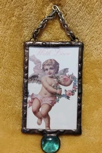 Hanging Mirror Decorative Metal Frame Reversible With Picture Cherub With Love - Picture 1 of 10