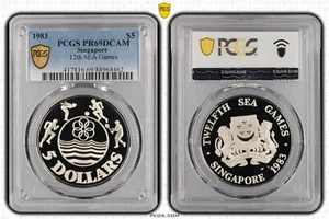 SINGAPORE $5 1983 Silver PCGS PR69 12th SEA Games Badminton Football Swimming - Imagen 1 de 1