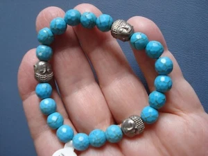 6" Stretch Magic EASY ON No Clasp 8mm Faceted Turquoise & Buddah Bracelet - Picture 1 of 4