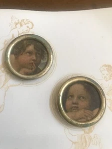 Vintage Lilac Bow Yoke Set of Two Printed Fabric Cherub Angel - 1-3/16" Buttons - Picture 1 of 4