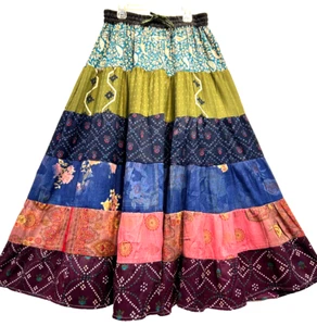 Nwt SACRED THREADS boho funky hippie patch rayon twill tiered SKIRT XL Free ship - Picture 1 of 5