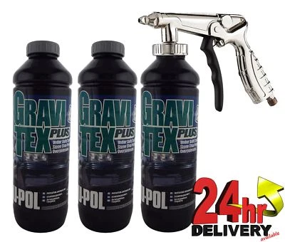 U-POL UPol GRAVITEX Stone Chip Overpaintable Protection Grey 1 Litre x 3 + Air Gun
