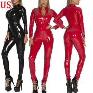 Womens PVC Leather Wetlook Longsleeve Zipper Bodycon Jumpsuits Catsuit Bodysuit - Picture 1 of 33