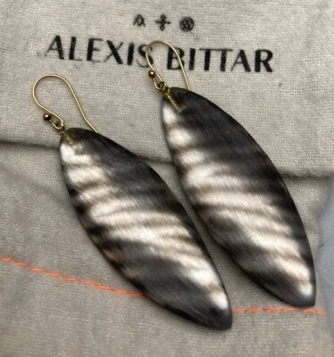 Alexis Bittar Lucite Twisted Leaf Earrings Gray Zebra Stripe Stunning! 2 3/4” - Image 1 of 4
