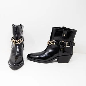 NUEVO Love Moschino Charol Logo Corazón Cadena Eslabón Tobillo Tacón Botines Zapatos - Imagen 1 de 4