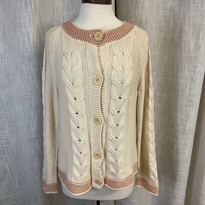 Cárdigan Sundance Para Mujer Grueso Tejido con Cable Marfil L Borde Coral Informal Pescador Foto 1 de 4