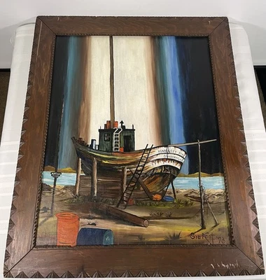 Arte popular de colección años 70 barco pintura al óleo Syd Reidt náutico rústico enmarcado mediados de siglo Foto 1 de 4