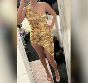 Pretty Little Thing Plt yellow multi mesh asymmetric dress size 8 - Picture 1 of 3