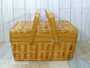 Burnt Bamboo Covered Basket Hinged Top Sewing Picnic Storage - Picture 1 of 14