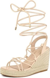 Allegra K Womens Platform Square Toe Lace Up Espadrilles Heel Wedge Sandal Beige - Picture 1 of 7