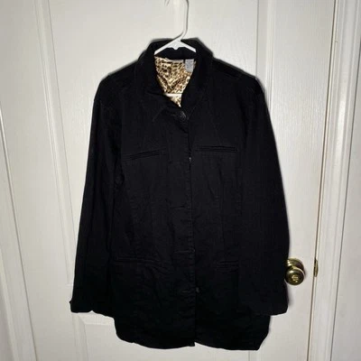 Chico’s Platinum Women’s  black denim jacket Sz3 Large Buttons Leopard Lining - Image 1 of 4