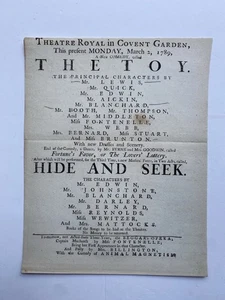 Rare Georgian Theatre Royal Covent Garden Playbill The Toy & Hide And Seek 1789 - Picture 1 of 2
