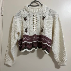 Vtg Womens Cottage Chunky Crochet Sweater Sz M/L Oversize Fairy Scandi Boho Folk - Picture 1 of 7