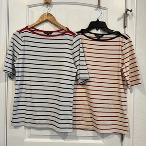 Lauren Ralph Lauren Womens Striped Boatneck Top Elbow Length Sleeves Large 2 Pcs - Picture 1 of 8