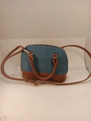 YOKI 斜挎包蓝色牛仔人造皮革长肩带金色口音拉链手提包 — 第 1/4 张图片