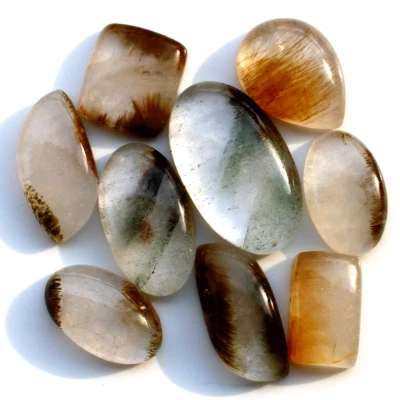 9 Pcs Natural Cacoxenite Rutilated Quartz 19mm-34mm Mix Cabochon Loose Gemstones - Image 1 of 4