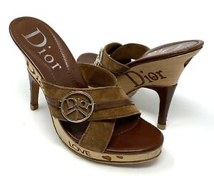 Dior Logo Sandals #36.5 US 6 Heels Heart Wood Suede Brown Silver RankAB