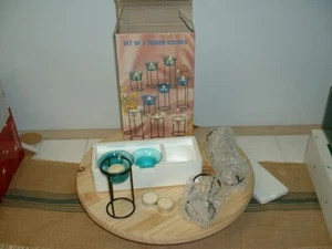 3er Set abgestufte Windlichter, türkis, neue offene Box, Ständer/Glasbecher/Kerzen enthalten - Bild 1 von 5