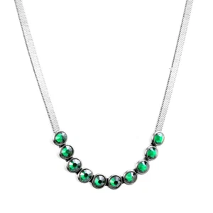 Silver Stainless Steel Emerald Green Zircon Stones Herringbone Necklace - Picture 1 of 3