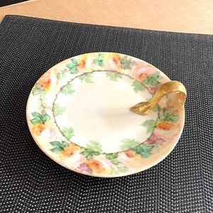 Longchamps TV LIMOGES France 6" Peach Roses Shape Side Gold Hand Loop Dish - Picture 1 of 5