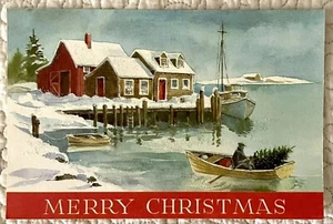 Tarjeta de felicitación de colección de puerto de barco victoriano de Navidad sin usar años 60 70 - Imagen 1 de 3