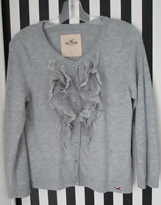 VINTAGE Y2K HOLLISTER GRAY BUTTON DOWN CARDIGAN SWEATER POCKETS/RUFFLES SIZE L - Picture 1 of 10