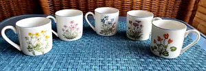 Floral Demitasse Espresso Cups Blue Rim Beautiful Botanical 2 1/4” Set of 5 - Picture 1 of 10