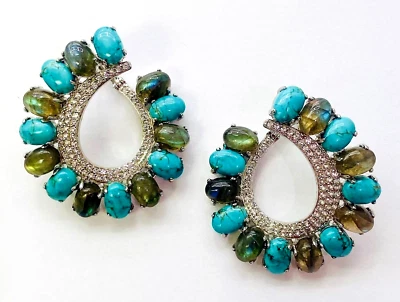 Pendientes Colleen Lopez de plata de ley de labradorita, turquesa y topacio blanco HSN Foto 1 de 4