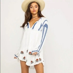 NEW Free People White Wild Horses Embroidery Tassel Tie Boho MiniDress-NWT-Small - Picture 1 of 11
