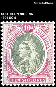 SOUTHERN NIGERIA 1901 SC 9 QUEEEN VICTORIA VIOLET & BLK ON YEL PR 10/- MHR F/VF - Bild 1 von 2