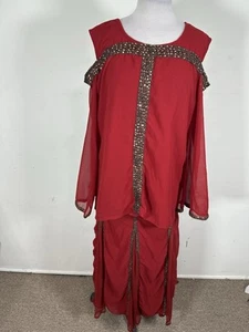 Ashro Women’s Red Color Long Sleeve Cold Shoulder Top Skirt Set Size XL 2pc Set - Picture 1 of 7