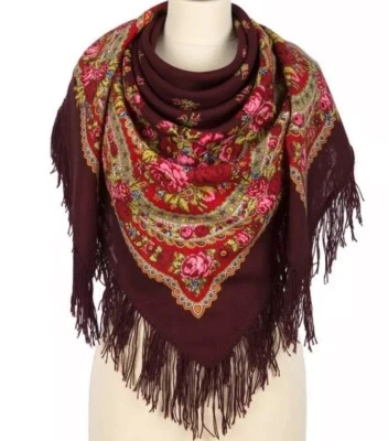 49-дюймовый шарф квадратный мериносовая шерсть бордовое вино красная голова шаль Павлово Посад 1901 - Изображение 1 из 3