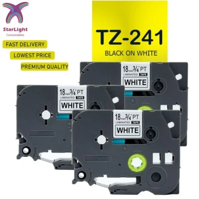 3 Label Tape Black on White Compatible With Brother TZ241 PT-D600VP D800W E300VP - Image 1 of 4