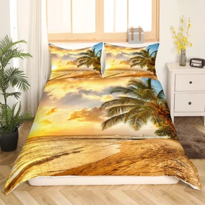 Beach Bedding Ocean Duvet Cover King Sunset Hawaiian Palm Tree Waves Comforter C - Picture 1 of 3
