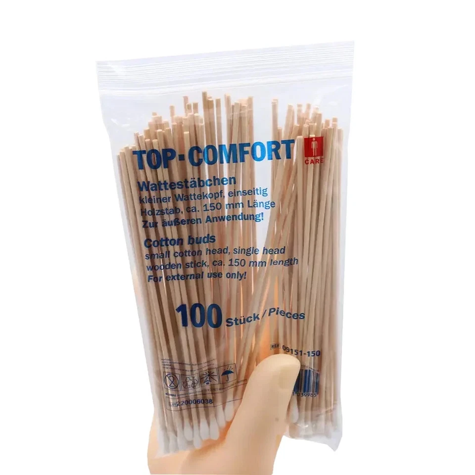 TOP - COMFORT 100 x Wattestäbchen Holz, mit kleinem Kopf 15 cm lang, Watteträger Holz 150 mm