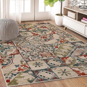 Vanessa Geometric Rustic Patchwork Floral Indoor Modern Area Rugs Or Runner Rug - Picture 1 of 21