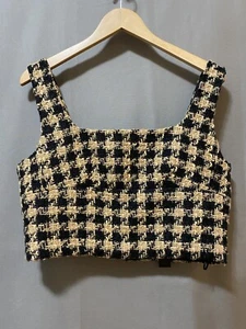 NWT House of Harlow Women Sleeveless Square Neck Tweed Crop Top Size L Tan/Black - Picture 1 of 12