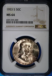 1953-S Franklin Half Dollar Silver UNC, NGC MS64, Lite Toning, 295-009 - Picture 1 of 4