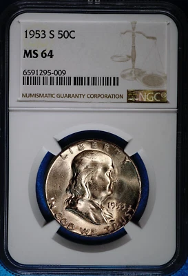 1953-S Franklin Half Dollar Silver UNC, NGC MS64,  Lite Toning,  295-009 - Image 1 of 4