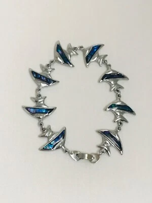 VTG Angel Fish Silver Tone Abalone Shell Bracelet 8” Mother Of Pearl Ocean Blue - Image 1 of 4