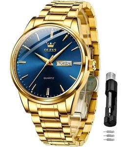 OLEVS Watch for Men Gold Blue Analog Quartz Dress Business Watch Day Date Calend - Picture 1 of 7