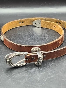 Vintage 1996 Brighton Brown Leather Belt Silver Buckle Embellished Belt 36"L - Picture 1 of 10