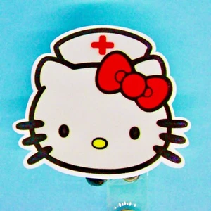 Nurse Hello Kitty Red Bow Cat Badge Reel ID Holder Doctor Medical Student - Picture 1 of 2