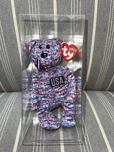 00 TY BB “USA” PATRIOTIC BEAR HOLOGRAM TAG w ERRORS BLACK STAMP BETWEEN TUSH TAG - Picture 1 of 10