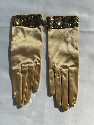 Guantes de satén de lujo de colección con lentejuelas doradas metálicas boda graduación fiesta hechos en EE. UU. Foto 1 de 4