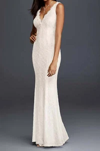 Lace V-Neck Sheath Wedding Dress Size 8 - Picture 1 of 9