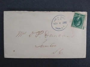 South Carolina: Union 1882 3c Banknote Cover, Blue Postmaster Cancel - Picture 1 of 3