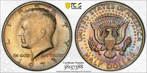 1973-D KENNEDY HALF DOLLAR PCGS MS63 RAINBOW COLOR TONED GEM UNC BU Cover