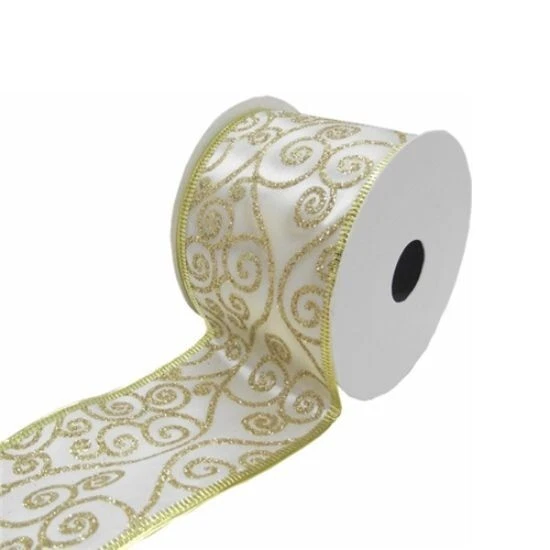 CHRISTMAS FABRIC WIRED EDGE RIBBON SWIRLS IVORY/GOLD Party  63mm x 1m, 3m or 9m - Image 1 of 1